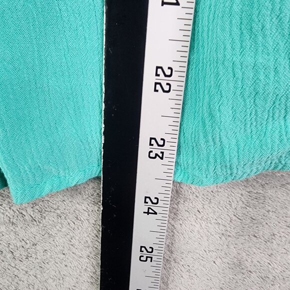 Women's A.N.A Turquoise Lace Yoke Top Blouse Short Sleeve Round Neck Size L - Picture 10 of 11